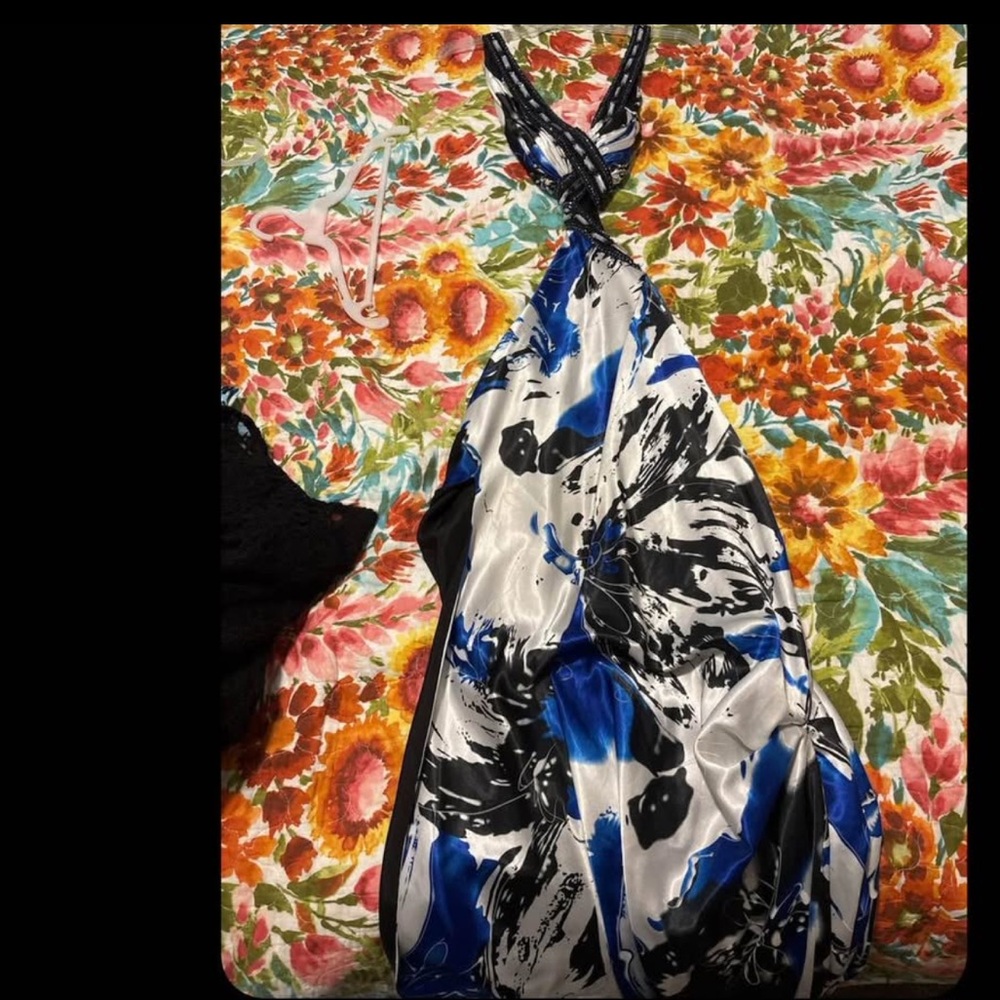 Blue and Black Floral Halter Dress